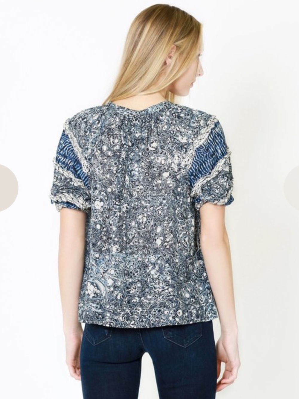 Ulla Johnson Aiko Top in Indigo Navy and White Paisley V-Neck Puff Sleeve Blouse - Picture 2 of 7